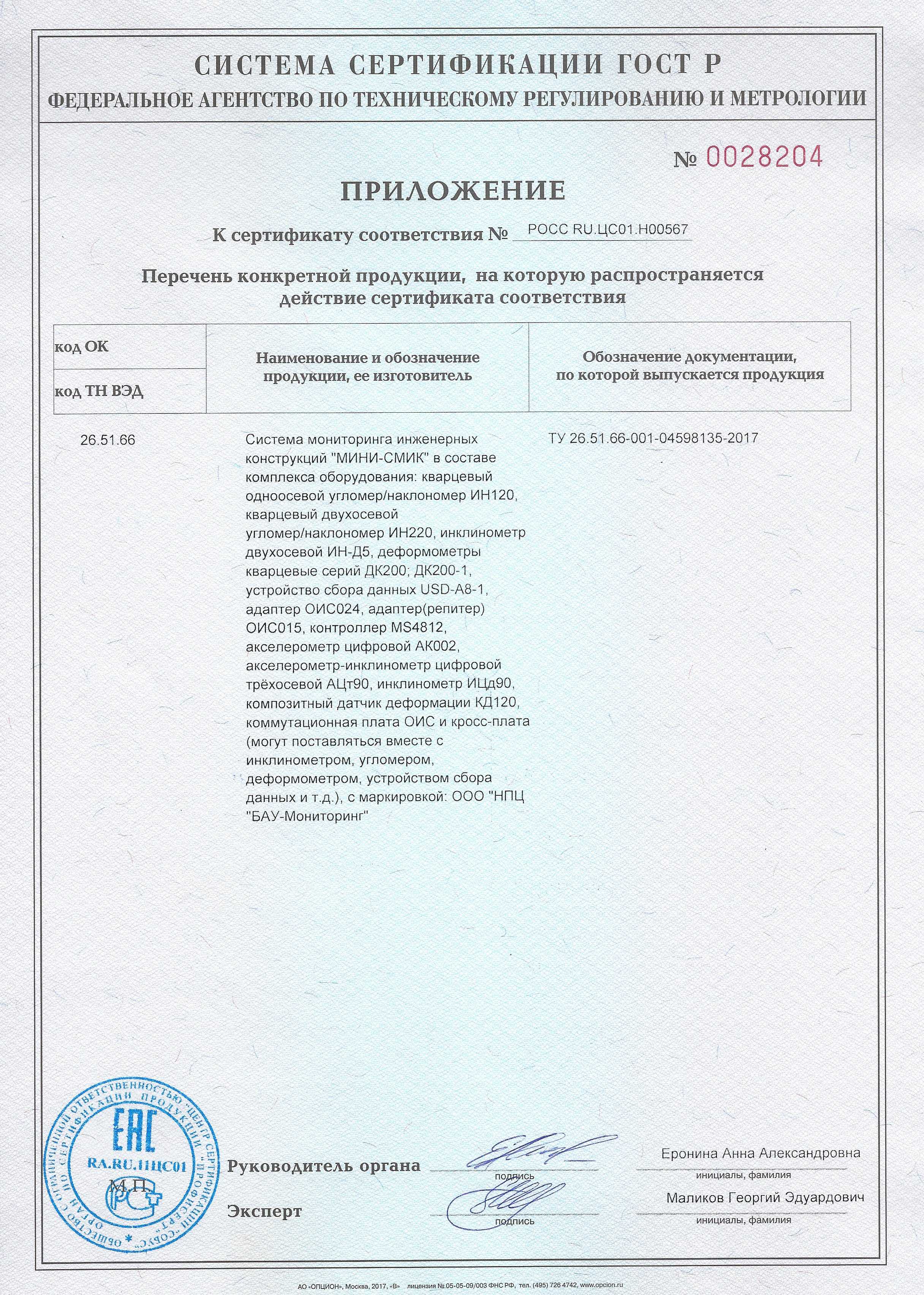 Приложение к сертификату соответствия ГОСТ Р на системы мониторинга инженерных конструкций "МИНИ-СМИК" с перечнем оборудования.